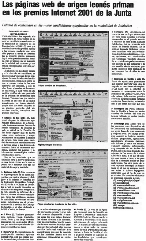 Recorte de prensa sobre los premios Internet 2001 de la Junta, con una captura de la web GuíaSayago
